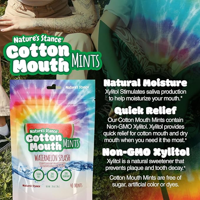 Nature’s Stance Cotton Mouth Xylitol Mints for Dry Mouth Relief - Sugar Free Mints, Stimulate Saliva & Freshen Breath, Throat, Teeth, Gums - Xylitol Lozenges, 40 Count (Watermelon)