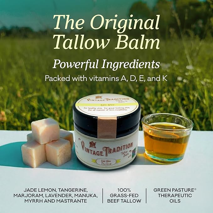 Vintage Tradition Epic Glow Beef Tallow Balm – Glow Boosting Moisturizer with Lavender Oil, Myrrh Oil, Manuka Face Oil, and Fish Oils – Beef Tallow for Skin Care from Head to Toe, 2 fl. oz.