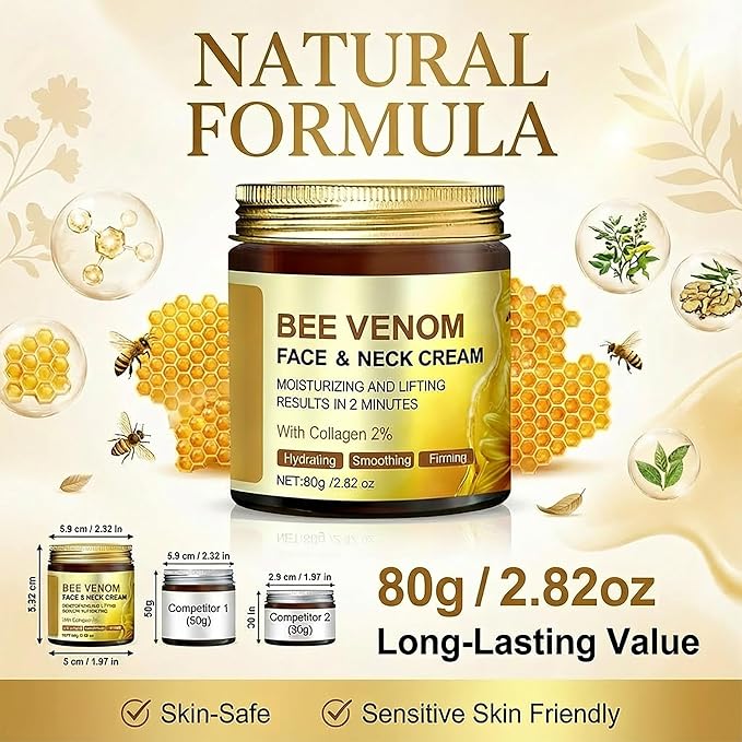 Bee Venom Cream for Face & Neck - Anti Aging Moisturizer with 2% Collagen - Hydrating Skin Firming & Lifting Formula - Natural Wrinkle Smoothing Daily Care for Women & Men, 2.82 oz