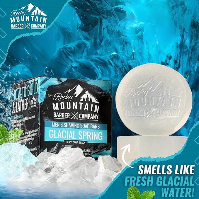 Shaving Soap Pucks for Men - 3 Pack - Traditional Wet Shave Glycerin-Based Shave Soap Bars - Made in USA For Use with Shaving Brush and Bowl - Glacial Spring Scent by Rocky Mountain Barber Company