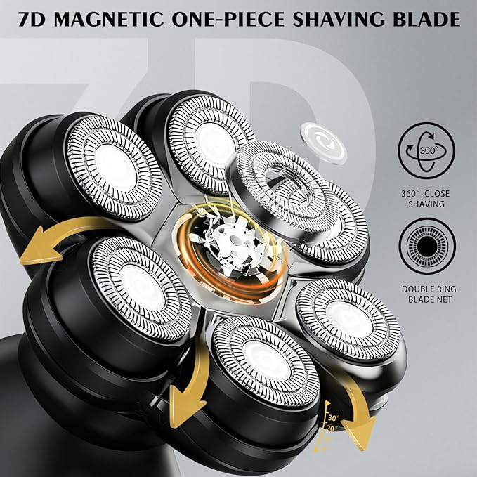 Head Shaver Replacement Heads Magnetic 7 Blades Razor Replacement Blades Compatible with Freebird Shaver & Other Brands (hmblack7)