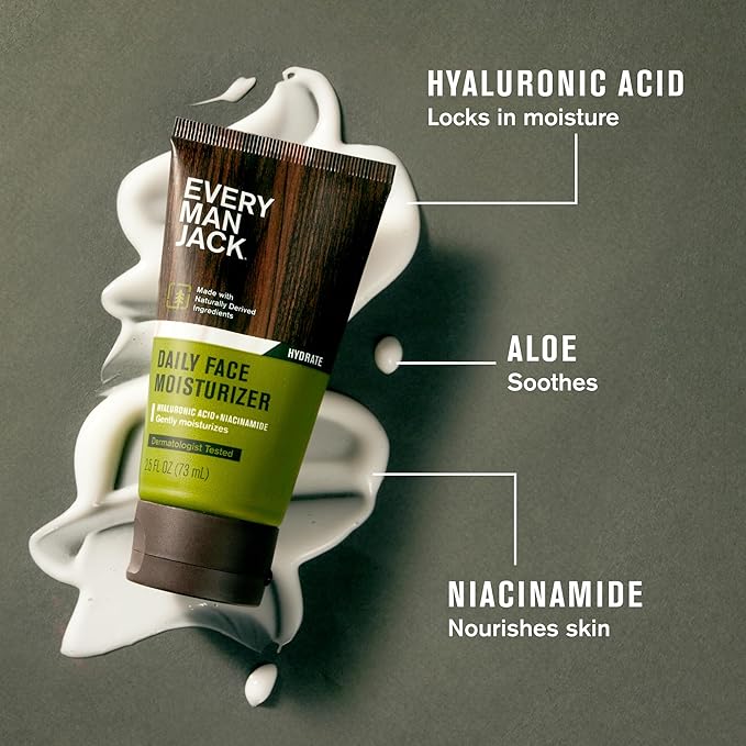 Every Man Jack Daily Face Lotion for Men - Deeply Moisturize and Revive Dry, Tired Skin with Hyaluronic Acid, Aloe Vera and Niacinamide - 2.5 oz Men’s Face Lotion (2 Pack)
