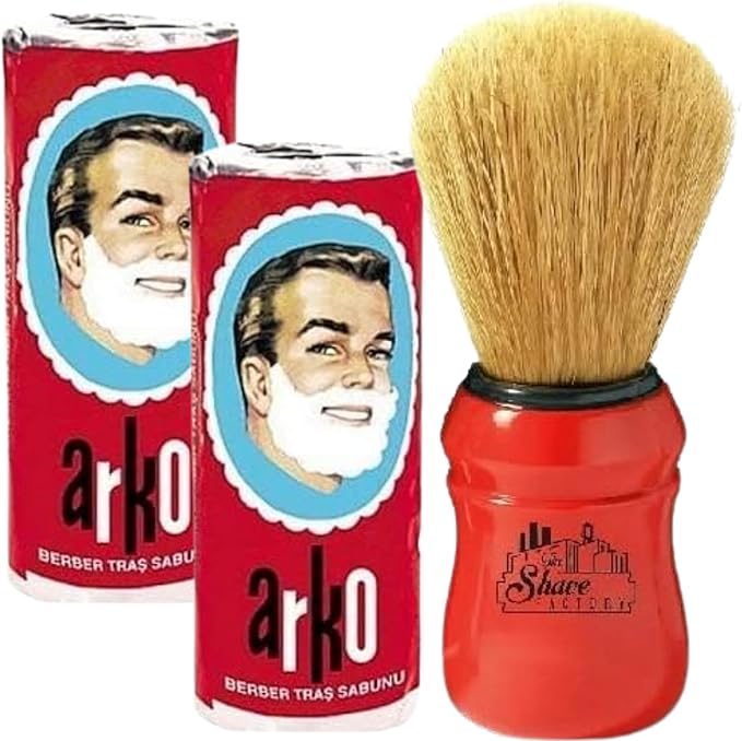 Arko/Omega Shaving Soap 90g in Traditional Bowl Case + TSF Shaving Brush Natural Boar Bristle, Red
