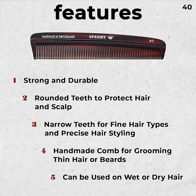 #40 Handmade Narrow Tooth Comb Tortoise Havana Acetate Fine Straight Thin Detangling Parting Grooming Teasing Hair Styling Hairdresser Barber Hairdressing Wet Dry Pocket Travel Women Men Kids