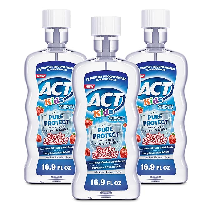 ACT Kids Anticavity Fluoride Mouthwash, Sugar & Alcohol Free Mouth Rinse Strengthens Teeth, Simply Strawberry, 16.9 fl. oz.(Pack of 3)