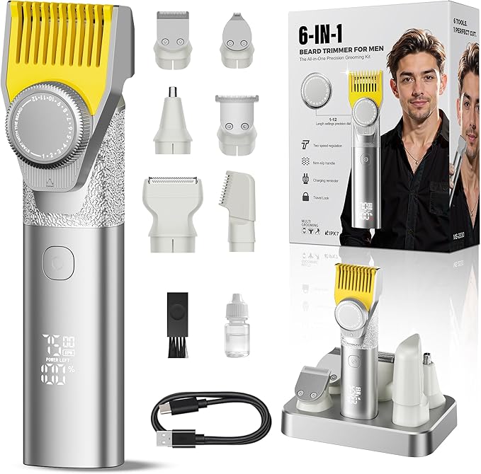 Prettywill Beard Trimmer for Men,with Adjustable Limiting Comb, Travel Lock IPX7 Waterproof, 2-Speed Settings, 6-in-1 Multi-Accessories Kit,Gifts for Men Husband Father,Silver&Yellow