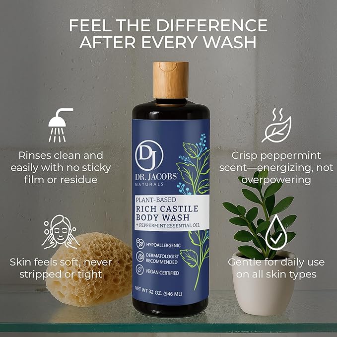 Dr. Jacobs Naturals Pure Castile Soap Liquid Body Wash, Peppermint - Plant Based Soap Infused with Vitamin E and Aloe Vera to Moisturize Dry and Sensitive Skin - Made in The USA - 32 oz, Pack of 3