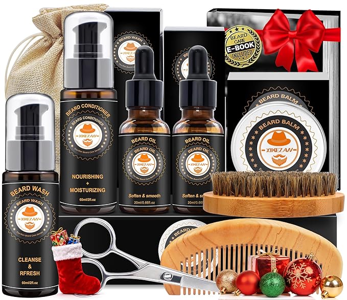 XIKEZAN Mens Gifts, Beard Grooming Kit with Sweet Orange Beard Wash,Oil, Conditioner,Balm,Brush,Comb,Cool Mens Christmas Secret Santa Gifts for Dad Husband Grandpa Boyfriend Him Stocking Stuffers