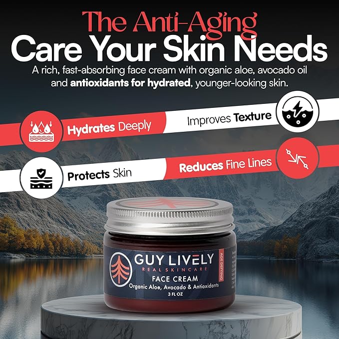Guy Lively Age-Defying Face Cream for Men, Hydrating Moisturizer with Antioxidants, Vitamins A C & E, Organic Oils, Anti-Aging Cream to Smooth Fine Lines & Wrinkles, 3 fl oz – Vegan, Sulfate Free