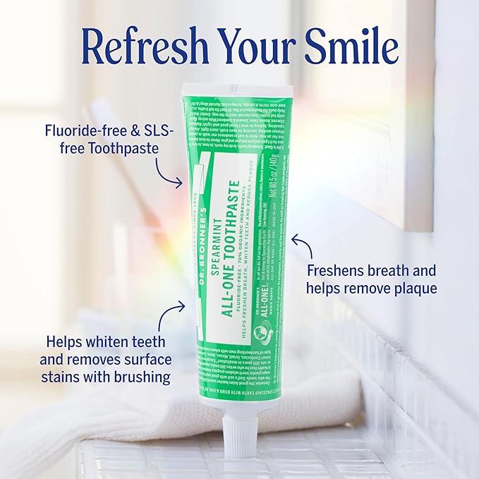 Dr. Bronner’s All-One Toothpaste 4 Pack Variety – (Peppermint, Spearmint, Cinnamon, Anise, 5oz Each) – 70% Organic Ingredients, SLS Free Toothpaste, Fluoride Free, Natural, Vegan, for Sensitive Teeth