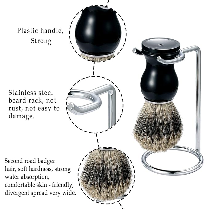 Vtrem Shaving Brush Set for Men 2 in 1 Pure Badger Hair Shaving Brushes with Plastic Handle, Stainless Steel Shaving Stand Perfect for Wet Shave