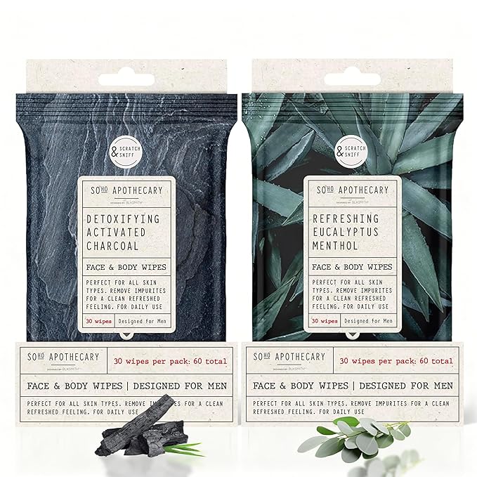BLKSMITH Face & Body Wipes for Men - Travel Essentials With Activated Charcoal & Menthol Eucalyptus - Total 60 - Ideal Cool Gifts for Men 30x2 - Body Wipes Ideal for Gym, Office, or Outdoors, 2 Pack