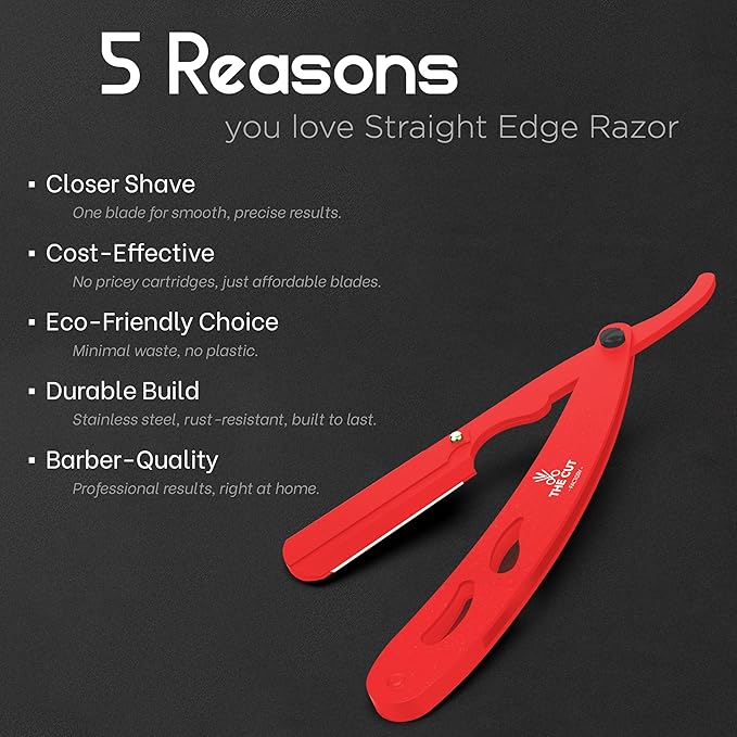 The Cut- Factory- Straight Razor with 20 Pack Platinum Treet Single Blade Razors for Men- Professional Barber Straight Edge Razor for Close Shaving 100 Percent Stainless Steel, Red