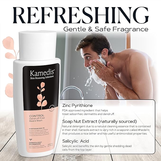 KAMEDIS Beard Wash - 6.7 Oz, Dandruff & Flake Free Ultimate Men's Shampoo, Contains Pyrithione Zinc & Salicylic Acid, Alleviates Itching & Irritation
