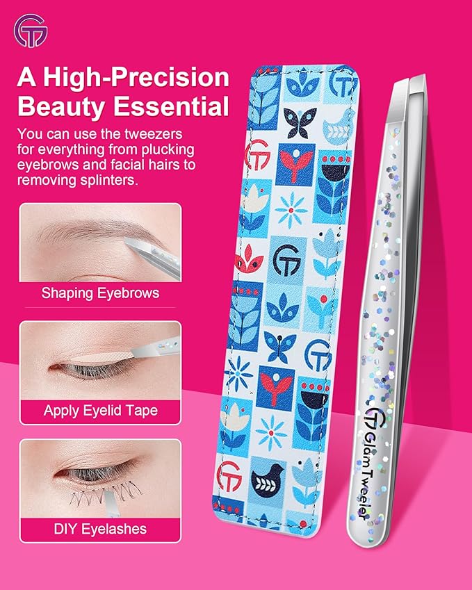 Expert Eyebrow Hair Removal Tweezer with Leather Case, GlamTweeler High Precision Slant Tip Stainless Steel Tweezers for Men and Women (Glitter Silver)