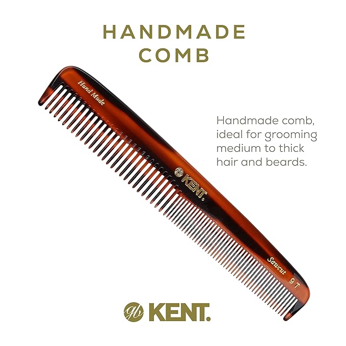 Kent 9T Tortoise Fine and Wide Tooth Detangler Hair Comb - Large Handmade and Saw-Cut Dressing Comb -for Wet and Dry, Hair Comb for Women and Durable Grooming Comb for Men, Made in England