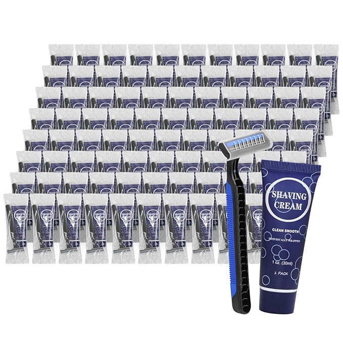 Shaving Razor Set, Disposable Individually Wrapped Manual Twin Blade Razors in Bulk Smooth Shaving Razors with Mini Shaving Cream Toiletries for Hotel Charity Camping Travel Homeless 1oz (Pack of 100)