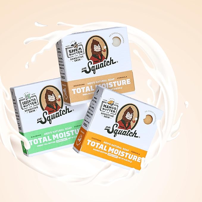Dr. Squatch NEW Total Moisture Bar Soap for Men - No Added Fragrance Formulated for Sensitive Skin - Mango Butter (5 oz, 3-pack)