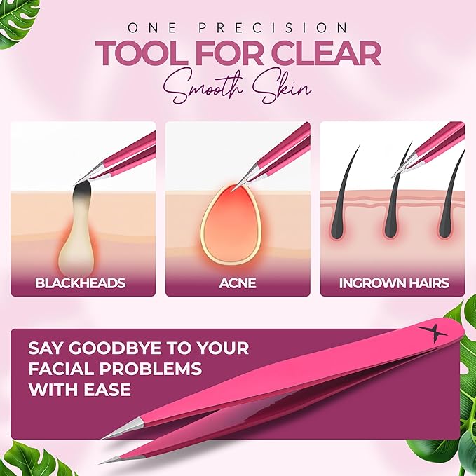 Pointer Stainless Steel Tweezers Women & Men Precision Eyebrow Tweezers for Facial Hair, Fine Tip Strong Grip Professional Tweezer for Eyebrow Shaping, Ingrown Hair & Splinter Removal (Neon Pink)