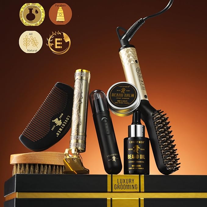 Gifts for Men Who Have Everything, Valentines Day Gifts for Him, Grooming Beard Kit, Beard Trimmer, Nose Hair Trimmer, Hair Straightener Brush, Oil, Balm & More, 15pc Men Care Kit Dad, Birthday Gift