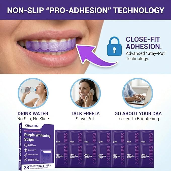Purple Teeth Whitening Strips, Gentle Daily Purple Whitening Strips for Surface Stain Reduction & Natural Shine, Enamel Safe & Low-Sensitivity, Portable Purple Teeth Care Strips 28 Count (Pack of 1)
