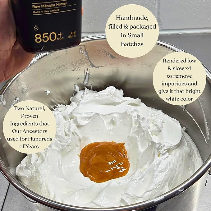 Manuka Honey Beef Tallow for Skin ~2 INGREDIENTS~ 100% Grass-Fed Tallow and Honey Balm - Whipped & UNSCENTED Tallow Face Moisturizer - Hydrating Tallow Balm for Men, Women, Kids & Babies (2oz)