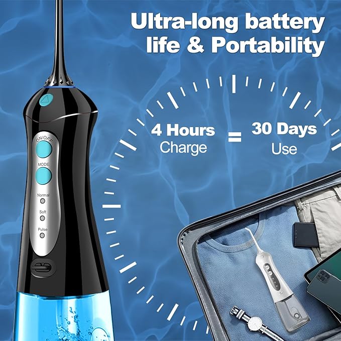 Water Dental Flosser Pick for Teeth: Cleaning and Flossing with 3 Mode from 30-100 Psi, Ipx7 Waterproof Portable Rechargeable Cordless Oral Irrigator for Adults Braces and Dental Care Home Travel