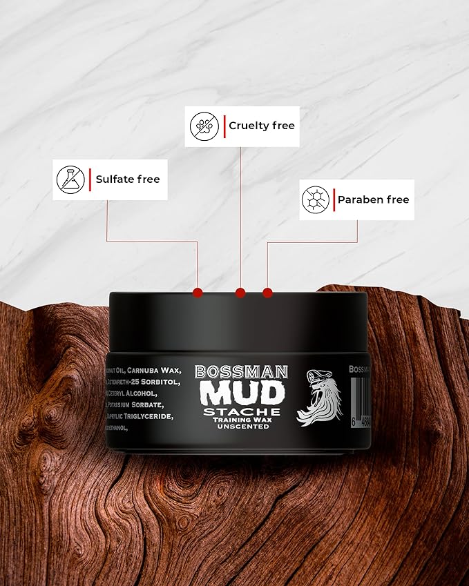 Bossman MUDstache Unscented Mustache Wax for Men (1 oz) – Strong 24-Hour Hold, Non-Tacky & Easy to Apply for Taming & Styling