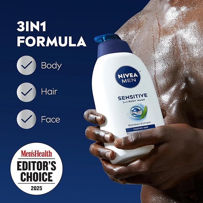 NIVEA MEN Sensitive Body Wash with Bamboo Extract, Moisturizing Body Wash for Sensitive Skin, Soap Free Shower Gel for Men with No Drying Alcohol, 30 Fl Oz Bottle
