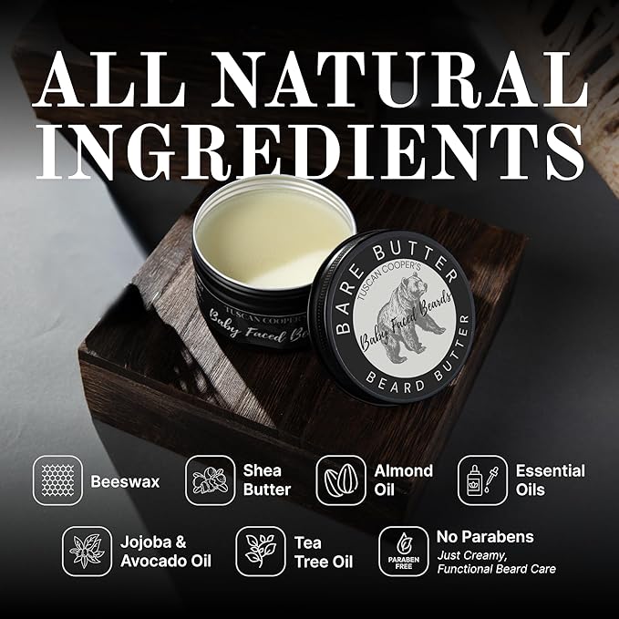 Tuscan Cooper's Baby Faced Beards Butter for Men - Moisturizing Beard Balm Cream and Softener for All Hair Types Including Coarse Hair - 4oz Hydration and Conditioning Care - Bare Unscented