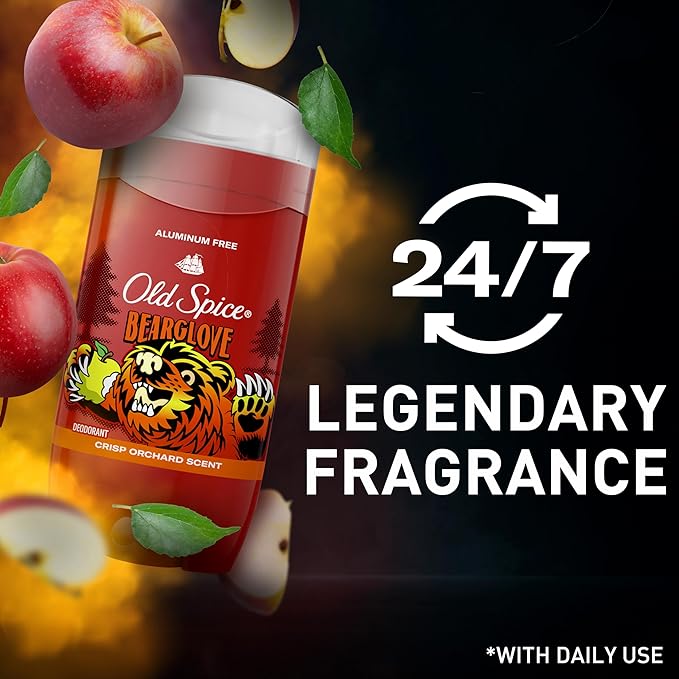 Old Spice Aluminum Free Deodorant for Men, 24/7 Odor Protection, 24/7 Freshness & Lasting Scent, Goes on Clear, Bearglove with Crisp Orchard Scent, 3.0 oz