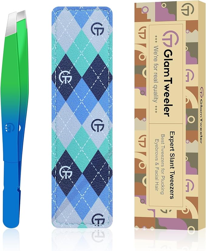 Exclusive G-01 Slant Tip Tweezers, GlamTweeler High Precison Expert Eyebrow and Facial Hair Removal Tweezer with Leather Storage & Carrying Case (Princess Blue & Green)