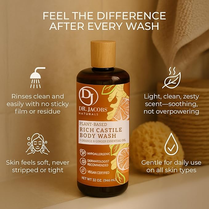 Dr. Jacobs Naturals Pure Castile Soap Liquid Body Wash, Orange & Ginger - Plant Based Soap Infused with Vitamin E & Aloe Vera to Moisturize Dry and Sensitive Skin - Made in The USA - 32 oz, Pack of 2