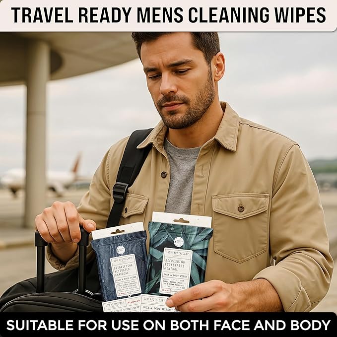 BLKSMITH Face & Body Wipes for Men - Travel Essentials With Activated Charcoal & Menthol Eucalyptus - Total 60 - Ideal Cool Gifts for Men 30x2 - Body Wipes Ideal for Gym, Office, or Outdoors, 2 Pack