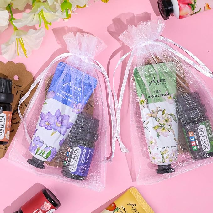AZEN 60 Sets Bulk Gifts, Hand Cream and Essential Oils Bulk Set with Organza Bag Thank You Card, Baby Shower Wedding Gifts for Guests, Bridal Wedding Favors for Guests,Thank You Gift for Women