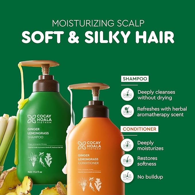 VIETNAM Shampoo and Conditioner Set for Thinning Hair, Lemongrass and Ginger Shampoo for Hair Strengthening & Reduced Breakage, Paraben Free (17.64 oz, 2 Pack) COCAY HOALA