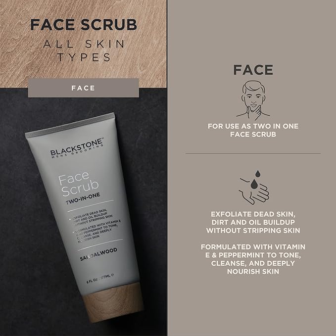 Blackstone Men's Grooming 2-in-1 Facial Scrub & Shave Gel with Vitamin E & Peppermint - Cleanse & Exfoliate | Hydrates Skin After Shaving | Paraben & Cruelty Free | USA Made, Sandalwood (6 oz)