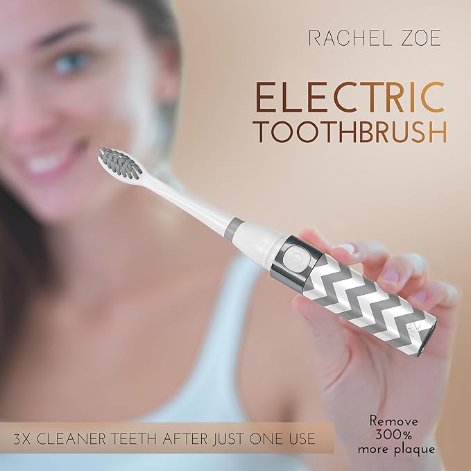Rachel Zoe Portable Electric Toothbrush for Adults, Battery Operated Compact Sonic Tooth Brush for Trips, Waterproof Travel Toothbrush with Cover, 2 Removable Brush Heads Included, Gray and White