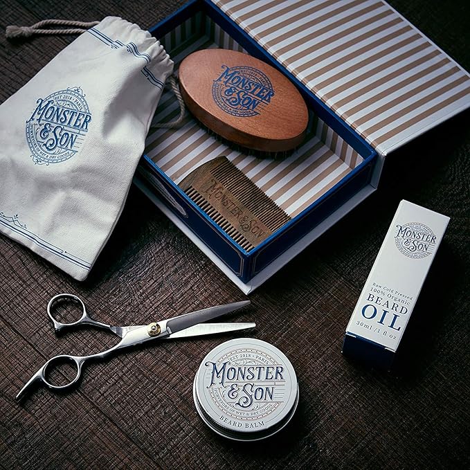 Monster&Son Premium 7-Item Organic Beard Kit - Beard Oil, Beard Balm, Beard Brush, Beard Comb, Scissors, Canvas Travel Bag - Male Grooming Kit in Gift Box - Great Mens Birthday Gift - Father's Day