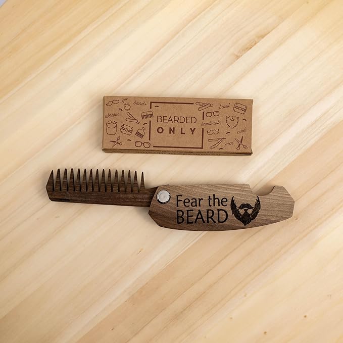 Beard Comb Gifts for Him Wooden Comb for Men Folding Pocket for Moustache Hair Walnut Combs Husband with the Engraving (Fear The Beard)