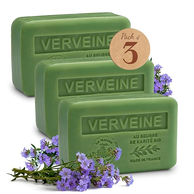 La Maison du Savon de Marseille Verbena Soap Bars 3xPack – Enriched With Organic Shea Butter - 97% Natural Ingredients - Traditionally Made - French Milled in Provence - Gentle For Skin – 3x8.8 oz