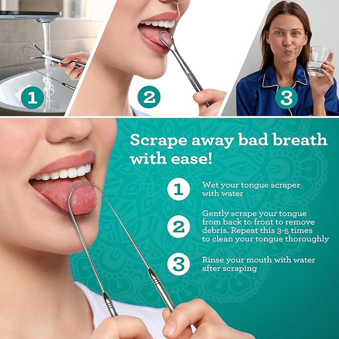 GuruNanda Spoon & U-Shaped Tongue Scraper Variety Pack (4 Pack) with Travel Case, 420 Medical Grade Stainless Steel, Promotes Fresh Breath & Oral Care