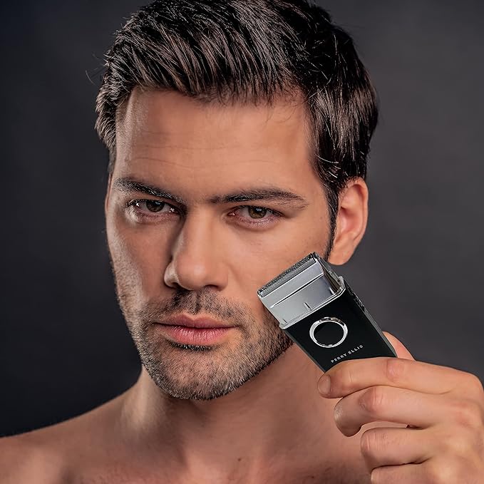 Perry Ellis Travel Electric Shaver, Face Shaver for Mustache and Beard Stubble, Rechargeable and Water-Resistant Foil Shaver, 2 1/2-Hour Battery Capacity, Black, Silver