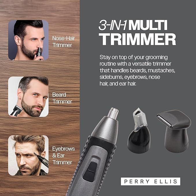 Perry Ellis 3-in-1 Ear, Nose, and Facial Hair Trimmer, Cordless Trimmer with 3 Detachable Heads, Hair Shaver with Antislip Design, Rechargeable with Charging Cable