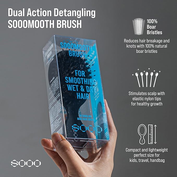 SOOOMOOTH Detangler | Mini Hair Brush | Natural Boar Bristles | For Thick, Thin, Curly, Straight, Wet or Dry Hair | Gentle Scalp Massage | Compact & Portable | For Men, Women & Kids | Travel Size