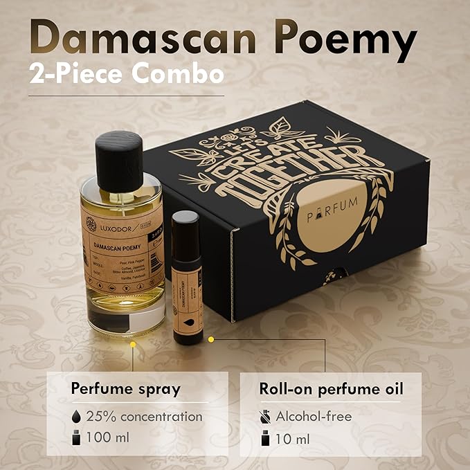Inspired by Y S.L's B.lack O.pium 3.4 fl. oz (100ml) Damascus Poemy with Pheromone Roll-On Oil 10 ml | Women’s Dupes Fragrances | Long Lasting Perfume Vanilla for Women | Womens Perfume