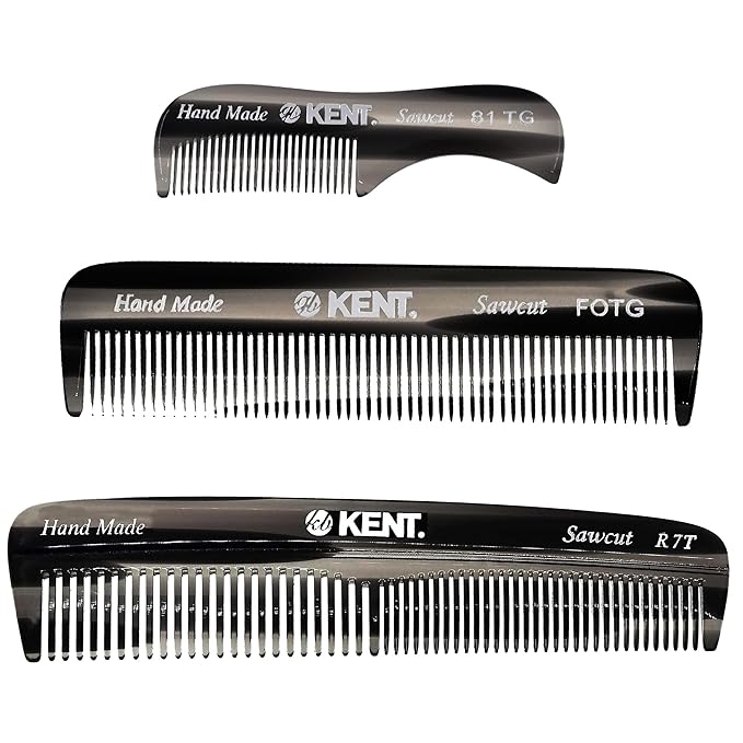 Kent Set Men's Hair Pocket Combs, Graphite 81T X-Small, FOT All Fine Tooth, R7t Double Toothed Fine and Coarse. Best Hair, Beard and Mustache Grooming Kit for Travel and Home Care, Handmade in England