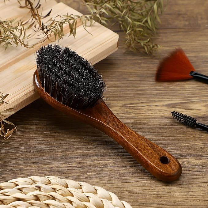 Patelai 4 Pieces Barber Fade Brush Set with Natural Fiber Wooden Handle Beard Styling Brush, Neck Duster, and Cleaning for Men's Grooming (Brown)
