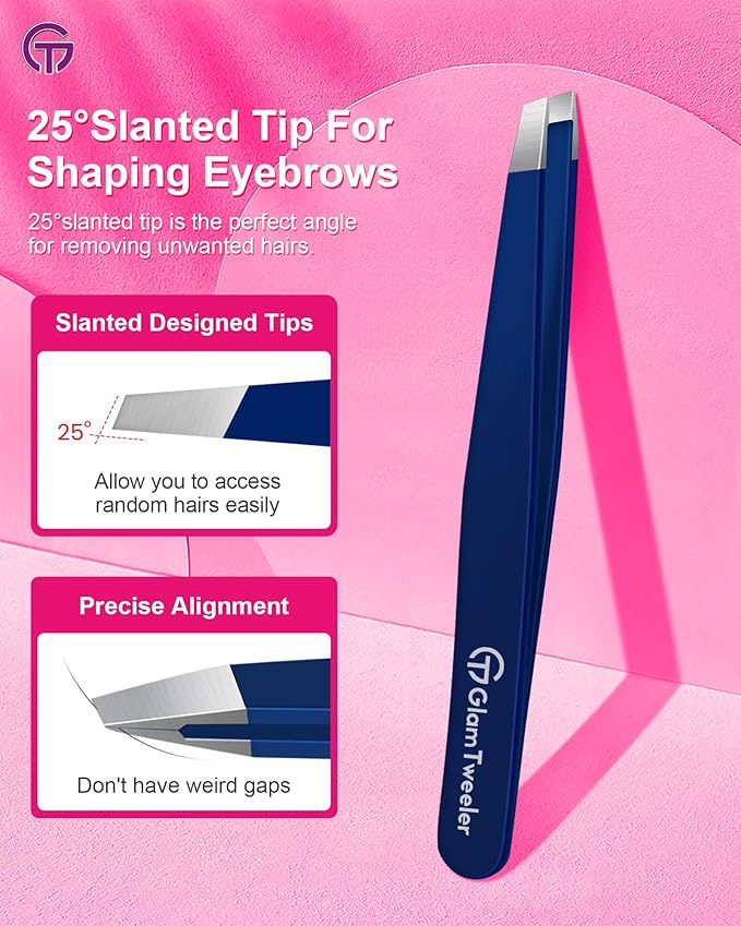 Expert Slant Tip Tweezers with Leather Travel Case, GlamTweeler Sharp & Precision Stainless Steel Tweezer for Eyebrows, Facial Hair and Fine Hairs Removal (Navy Blue)