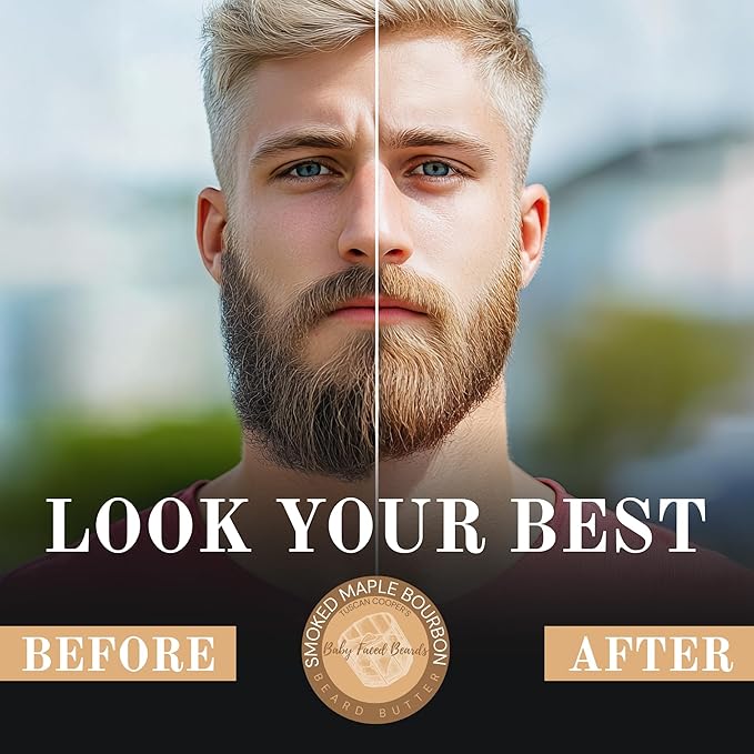 Tuscan Cooper's Baby Faced Beards Butter for Men - Moisturizing Beard Balm Cream and Softener for All Hair Types Including Coarse Hair - 4oz Hydration and Conditioning Care - Smoked Maple Bourbon